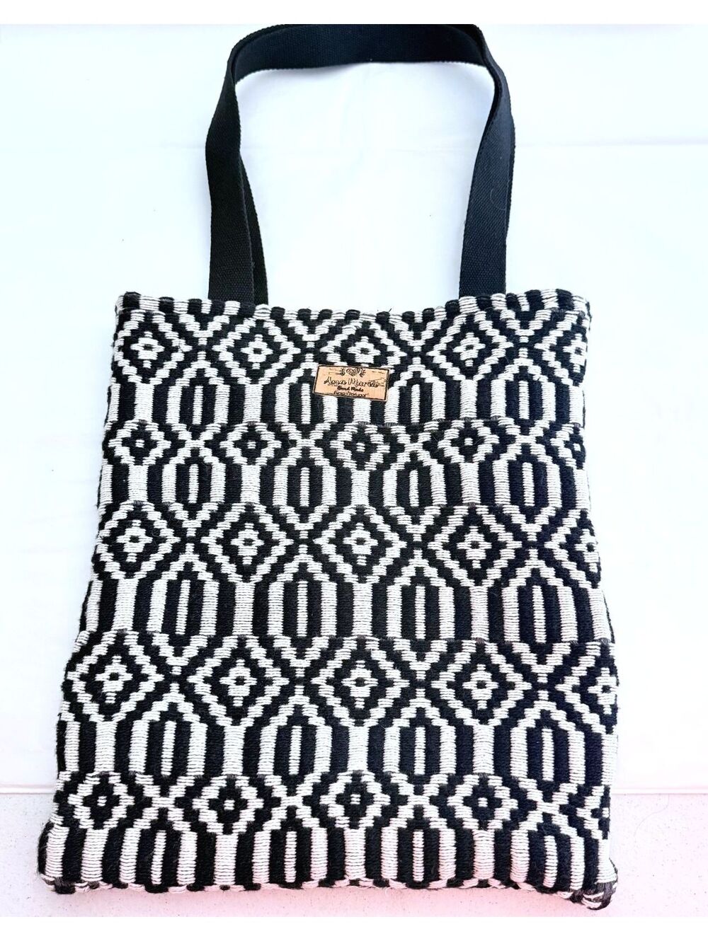 Ana Maria Handmade Black and White Geometric Diamond Woven Shoulder Bag